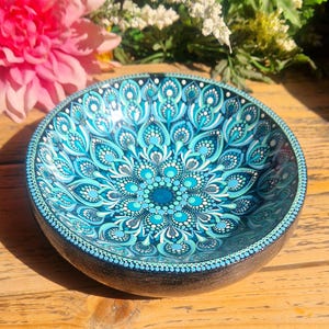 Mandala Jewellery Bowl, 15cm Trinket Dish, Hand Painted Turquoise Decor, Crystal Holder, Boho Ring Dish, Unique Gift for Home