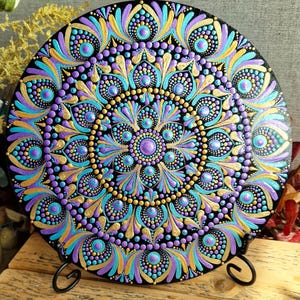 Purple Gold Mandala Dot Art on Wood Spiritual Home Decor Boho Mandala Ornament Mindful Gift Handpainted Mandala Art Unique Mandala Gift
