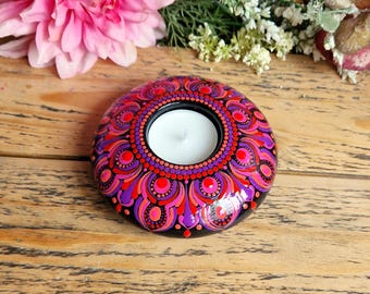 Portavelas Mandala pintado a mano, decoración de altar boho