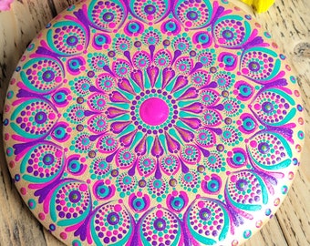 Mandala Stone Disc, Hand Painted Pink and Teal Wall Hanging, Spiritual Home Decor, Boho Centrepiece, Meditation Art, Unique Gift Idea