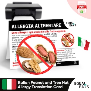 Italiaanse allergievertaalkaart voor pinda's en noten, instant digitale download pdf, veilig eten in Italië, gelijk eten, medische identiteitskaart