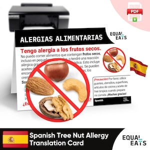 Scheda di traduzione per allergia alla frutta secca spagnola, download digitale PDF immediato, mangiare in sicurezza in Spagna, Equal Eats, tessera sanitaria