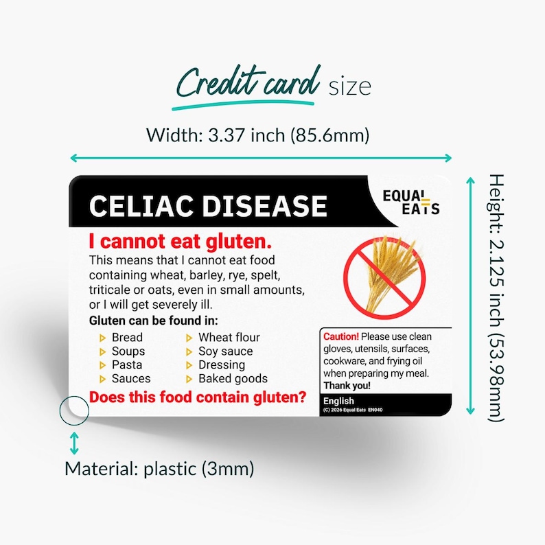 Plastic Gluten-Free Translation Card for Celiac Disease | Restaurant & Travel Dining Card | Choose 58 Languages | Medical Alert image 3