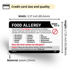 Angepasste Lebensmittelallergie Karte Benutzerdefinierte Übersetzungskarte Wähle aus 500 Allergenen und 50 Sprachen Equal Eats Personalisierte Plastikkarte. Bild 3