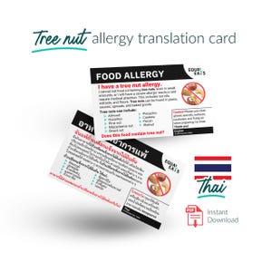Thai Tree Nut Allergy Translation Card - Instant Download PDF for Travel