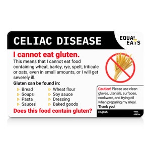 Gluten Free Translation Card • Restaurant Card for Celiac Disease • Select from 50 Languages • Gluten • Medical Alert Card for Travel