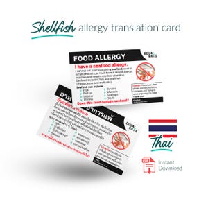 Thai Shellfish Allergy Translation Card - Instant Download PDF for Travel