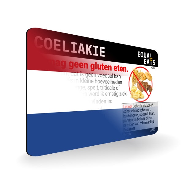 Dutch Gluten Free Card • Restaurant Card for Celiac Disease • Travel Gift Ideas • Medical Alert Bracelet Back-up for Holland • Equal Eats
