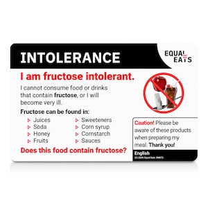 Fructose Intolerance Card - Equal Eats Food Allergy Alert image 1