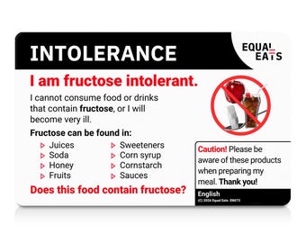 Fructose Intolerance Card - Equal Eats Food Allergy Alert