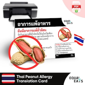Tarjeta de traducción de maní tailandés, descarga digital instantánea en PDF, comer de forma segura en Tailandia, Equal Eats, tarjeta de identificación médica