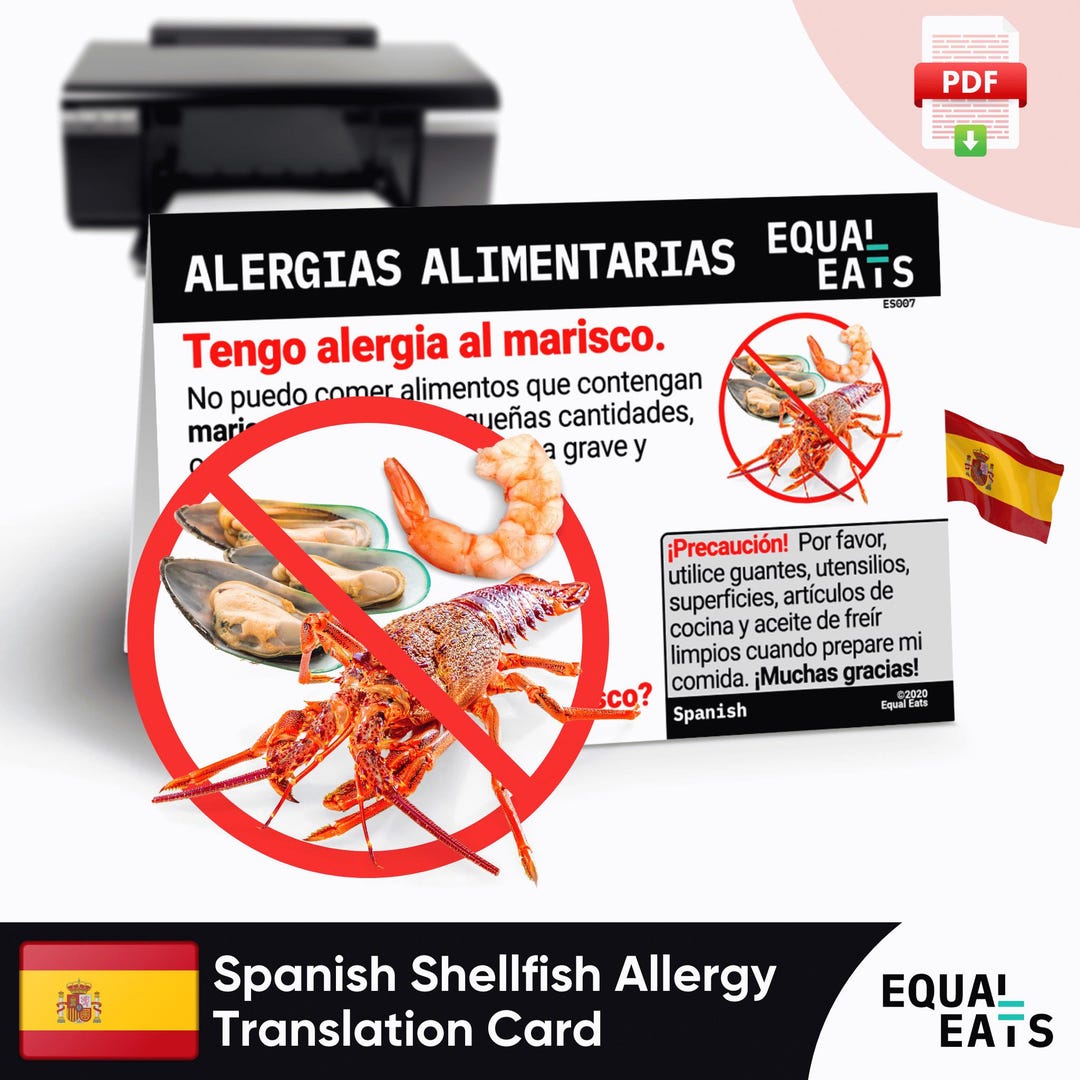 Spanish Shellfish Allergy Translation Card, Instant PDF Digital ...