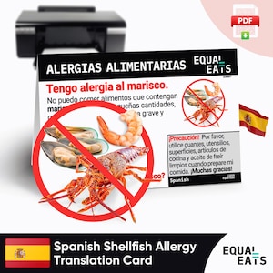 Spaanse kaart voor allergie voor schaaldieren, instant digitale download pdf, veilig eten in Spanje, Equal Eats, medische identiteitskaart