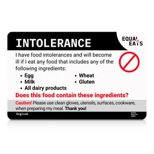 Custom Food Intolerance Translation Card • Select from 50 Languages • Personalized Plastic Dietary Card for Travel • Customized Card