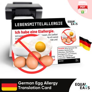 Tarjeta de traducción de alergia al huevo en alemán, descarga digital instantánea en PDF, comer de forma segura en Alemania, Equal Eats, tarjeta de identificación médica