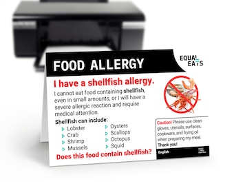 Printable Shellfish Allergie Übersetzungskarte Englisch/Spanisch | Sicher essen in Spanien mit Allergien gegen Garnelen, Hummer, Austern, Muscheln +