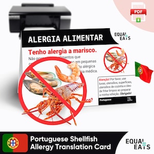 Carte de traduction portugaise sur les allergies aux fruits de mer, téléchargement numérique PDF instantané, alimentation sûre au Portugal, alimentation égale, carte d'identité médicale