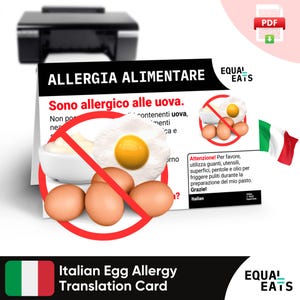 Tarjeta de traducción de alergia al huevo en italiano, descarga digital instantánea en PDF, comer de forma segura en Italia, Equal Eats, tarjeta de identificación médica