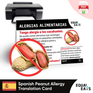 Cartão de tradução de amendoim espanhol, download digital instantâneo em PDF, coma com segurança na Espanha, Equal Eats, cartão de identificação médica