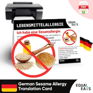 Tarjeta de traducción de alergia al sésamo en alemán, descarga digital instantánea en PDF, comer de forma segura en Alemania, Equal Eats, tarjeta de identificación médica