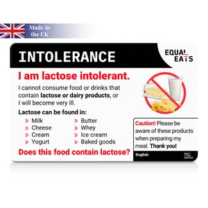 Scheda di intolleranza al lattosio｜Ordina in 50 lingue｜Schede di traduzione dietetica Equal Eats