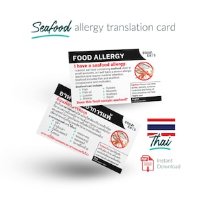 Scheda di traduzione per le allergie ai frutti di mare tailandesi - Download immediato del PDF