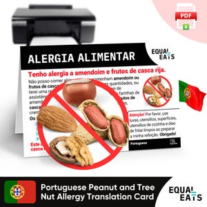 Portugese kaart voor allergie voor pinda's en noten, instant digitale download pdf, Eat Safe in Portugal, Equal Eats, medische identiteitskaart