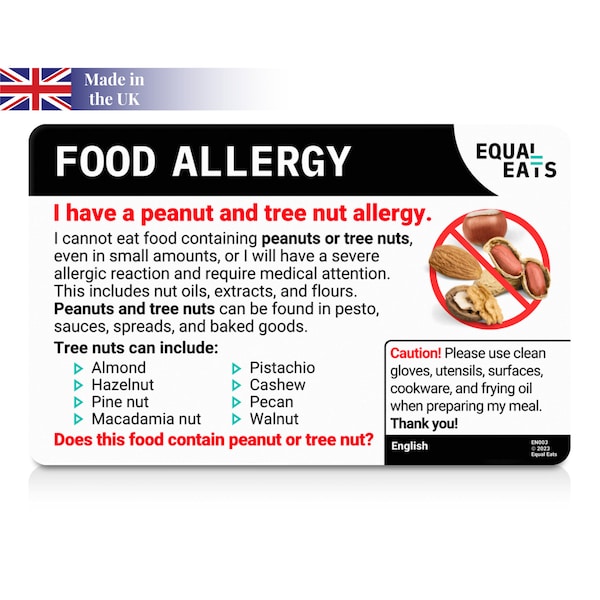 Peanut and Tree Nut Allergy Translation Card • Select from 50 Languages • Plastic Allergy Alert Card  • Restaurant Dining Card • Equal Eats
