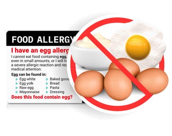 May include: A red circle with a diagonal line through it, symbolizing a food allergy warning. The circle contains images of eggs, including a fried egg, raw eggs, and mayonnaise. The text reads "FOOD ALLERGY I have an egg allergy I cannot eat food containing egg, even in small amounts, or I will have a severe allergic reaction and require medical attention. Egg can be found in: ▷ Egg white ▷ Egg yolk ▷ Raw egg ▷ Mayonnaise ▷ Baked goods ▷ Bread ▷ Pasta ▷ Dressing Does this food contain egg?"