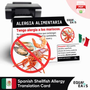 Spaanse Latijns-Amerikaanse schaaldierallergievertaalkaart, directe pdf-download, Eat Safe in Latin America, Equal Eats, medische identiteitskaart