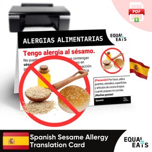 Tarjeta de traducción de alergia al sésamo, descarga digital instantánea en PDF, comer de forma segura en España, Equal Eats, tarjeta de identificación médica