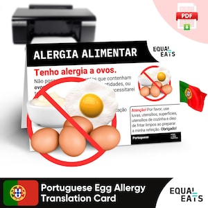 Tarjeta de traducción de alergia al huevo en portugués, descarga digital instantánea en PDF, comer de forma segura en Portugal, Equal Eats, tarjeta de identificación médica