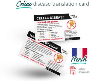 Celiac Disease Translation Card - English & French - Gluten Free - Instant Download (PDF) - Travel Aid