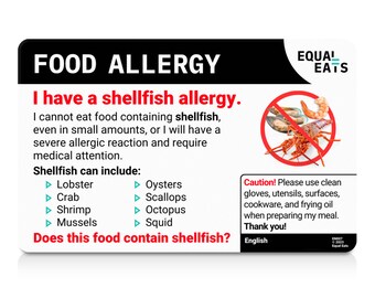 Shellfish Allergy Translation Card Select From 50 Languages
