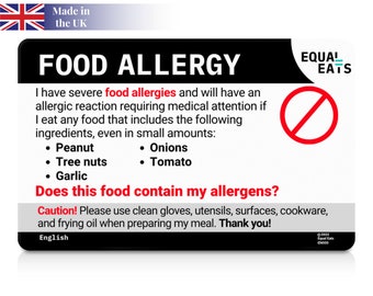 Angepasste Lebensmittelallergie Karte | Benutzerdefinierte Übersetzungskarte | Wähle aus 500 Allergenen und 50 Sprachen | "Equal Eats Personalisierte Plastikkarte."