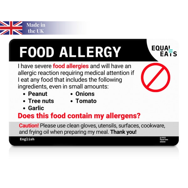 Tarjeta de alergia alimentaria personalizada / Tarjeta de traducción personalizada / Elija entre 500 alérgenos y 50 idiomas / Tarjeta de plástico personalizada Equal Eats