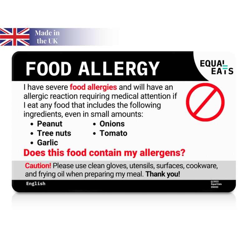 Customized Food Allergy Card