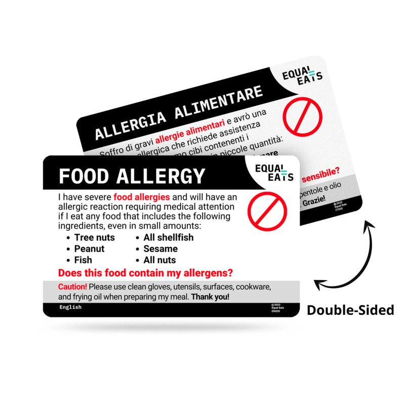 Angepasste Lebensmittelallergie Karte Benutzerdefinierte Übersetzungskarte Wähle aus 500 Allergenen und 50 Sprachen Equal Eats Personalisierte Plastikkarte. Bild 2