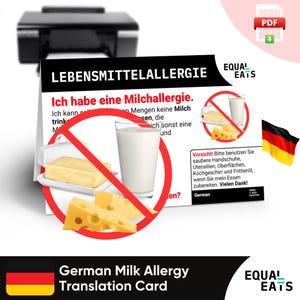 Tarjeta de traducción de alergia a la leche en alemán, descarga digital instantánea en formato PDF, comer de forma segura en Alemania, Equal Eats, tarjeta de identificación médica