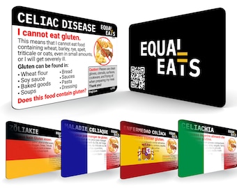 May include: A set of five cards with different languages and flags. Each card has the text "Equal Eats" and a message about celiac disease. The cards are designed to help people with celiac disease communicate their dietary needs.