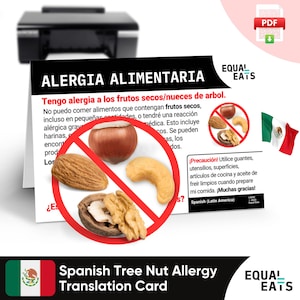 Cartão de tradução de alergia a nozes e castanhas da América Latina, download instantâneo em PDF, coma com segurança na América Latina, Equal Eats, cartão de identificação médica