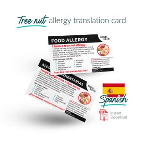 Tree Nut Translation Card - Spanish Food Allergy Card (PDF Instant Download