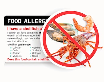 Shellfish Allergy Translation Card • Select from 50 Languages • Allergy Travel Essential • Plastic Shellfish Allergy Chef Card