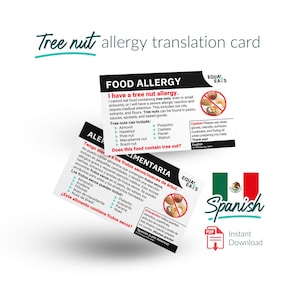 Tree Nut Allergy Translation Card - English & Spanish - Instant Download PDF