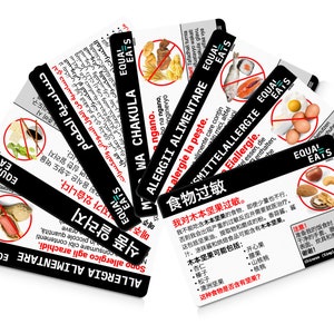 Carte professionnelle de traduction sur les allergies alimentaires • Carte de chef en plastique • Choix parmi 50 langues • Arachide, noix, oeuf, lait, crustacés, poisson et plus