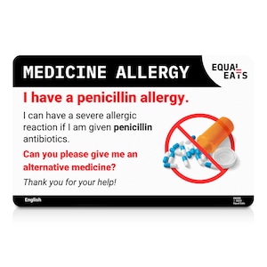 Carte de traduction pour les allergies à la pénicilline • Carte d'alerte médicale en cas d'allergie • Disponible en 50 langues • Sauvegarde du bracelet contre les allergies • À manger égal