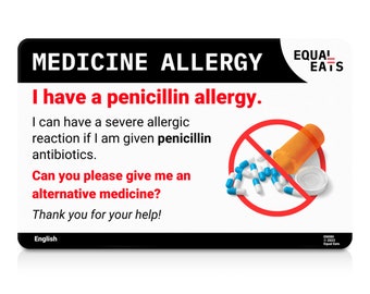 Penicillin Allergy Translation Card • Medical Alert Card for Allergy • Available in 50 Languages •  Allergy Bracelet Backup • Equal Eats