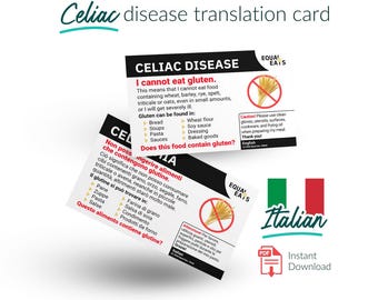 Italian Celiac Disease Translation Card - Gluten Free Guide (PDF Download)