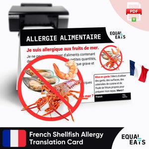 Cartão de tradução de alergia a frutos do mar francês, download digital instantâneo em PDF, coma com segurança na França, Equal Eats, cartão de identificação médica