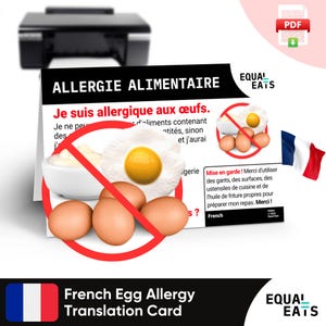 Carte de traduction française sur les allergies aux œufs, Téléchargement numérique PDF instantané, Manger sain en France, À manger égal, Carte d'identité médicale